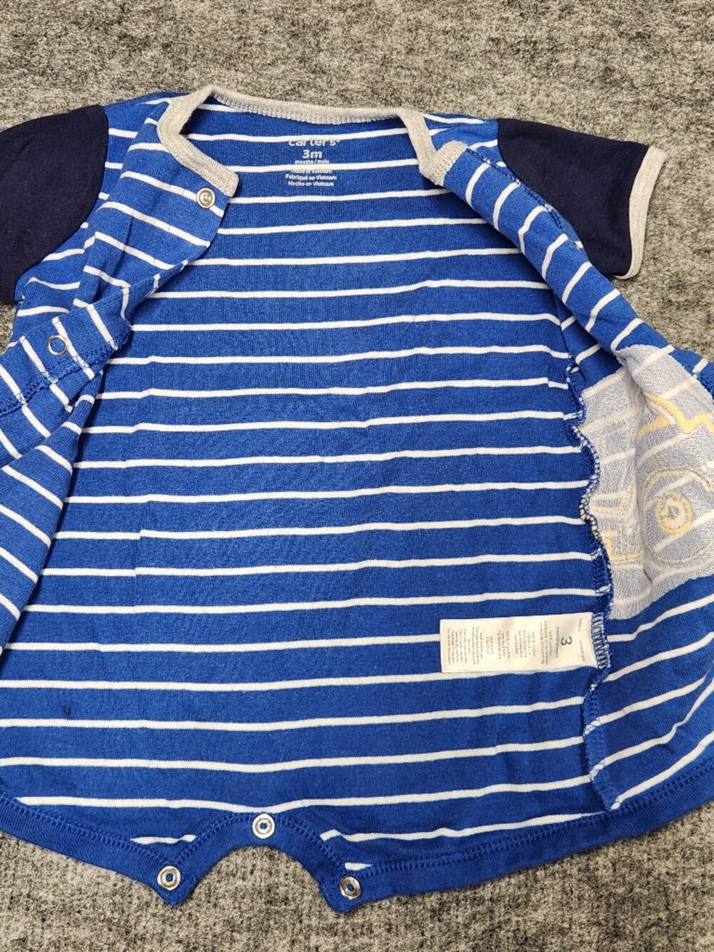 Carter's Baby Boys 3M Blue White Striped Dump Truck Cotton Snap Romper